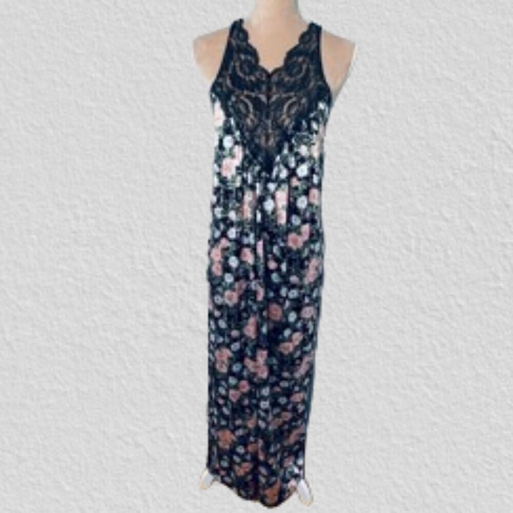 Vintage Vasserette Lingerie Slip Dress Black/Pink Lace Floral Made in USA Small